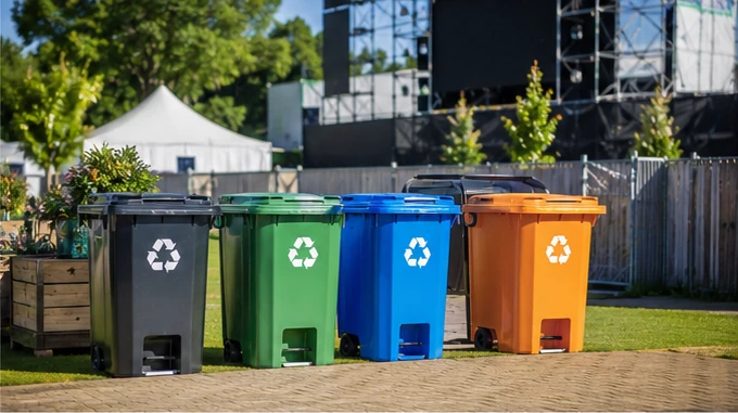 Kleurgecodeerde afvalcontainers voor recycling op een duurzaam evenemententerrein