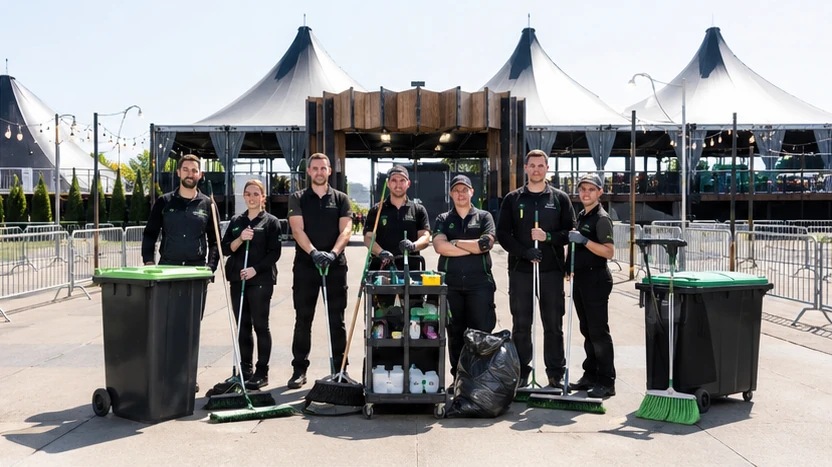 Professioneel schoonmaakteam klaar voor aanvang van een groot evenement in Nederland