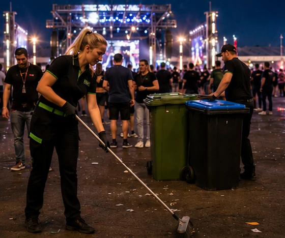 Schoonmaakmedewerkers actief op een druk gaming en entertainment festival met afvalcontainers op de achtergrond