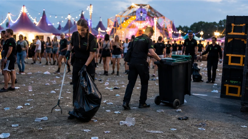 Schoonmaakploeg actief op een festivalterrein tijdens het evenement