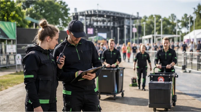 Professioneel evenementenserviceteam dat logistiek en schoonmaak coördineert op een groot publiek festival