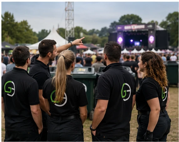 Evenementenserviceteam dat schoonmaak en logistiek coördineert op een groot publiek festival