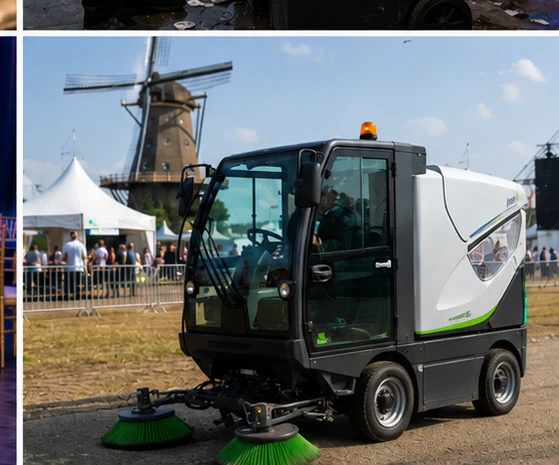 Elektrische veegmachine in gebruik op een groot evenemententerrein voor duurzame schoonmaak